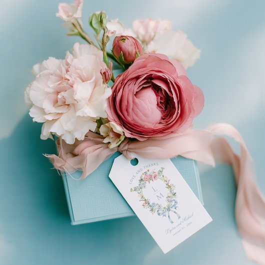 Elegante Bloemen Krans Crest Monogram Huwelijk Cadeaulabel