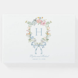 Elegante Bloemen Krans Crest Monogram Huwelijk Gastenboek