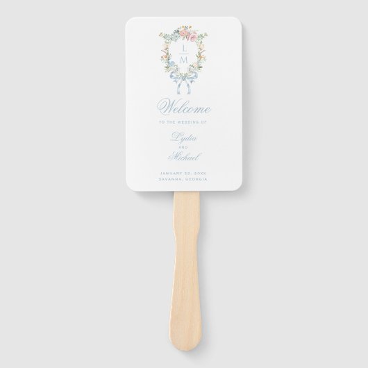 Elegante Bloemen Krans Crest Monogram Huwelijk Handwaaier (Voorkant)