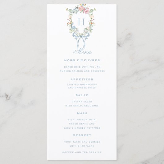 Elegante Bloemen Krans Crest Monogram Huwelijk Menu (Voorkant)