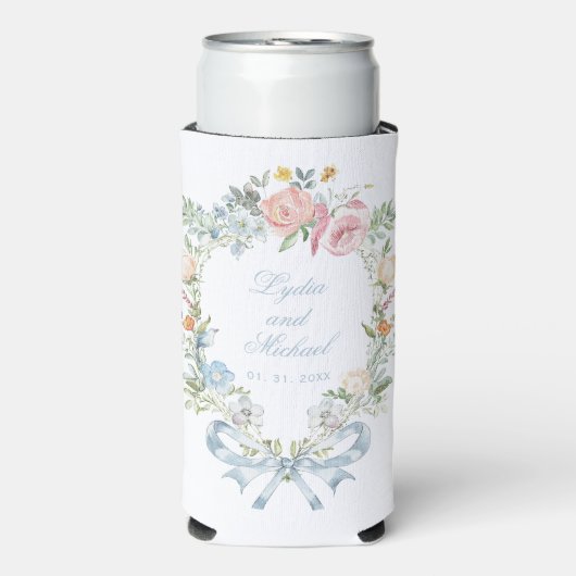 Elegante Bloemen Krans Crest Monogram Huwelijk Seltzer Blikjeskoeler (Seltzer Voorkant)