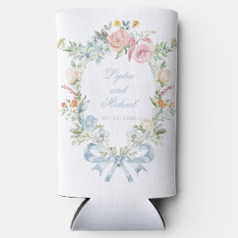 Elegante Bloemen Krans Crest Monogram Huwelijk Seltzer Blikjeskoeler