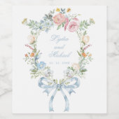 Elegante Bloemen Krans Crest Monogram Huwelijk Wijn Etiket (Enkel label)