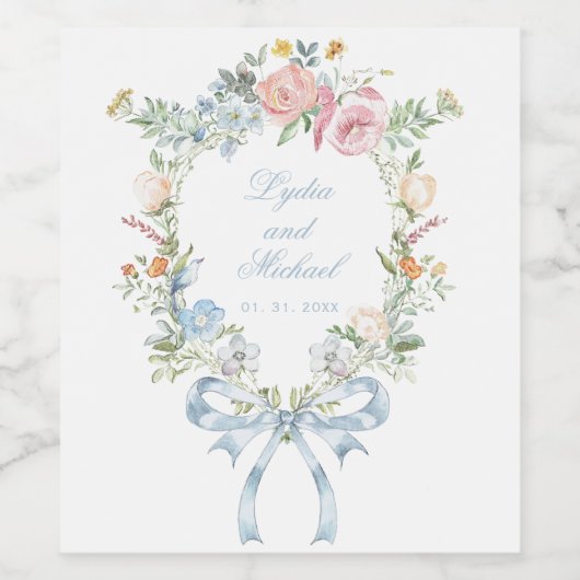 Elegante Bloemen Krans Crest Monogram Huwelijk Wijn Etiket (Enkel label)