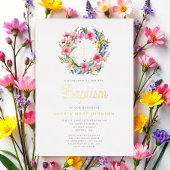 Elegante Bloemen Krans Meisje Doop Goud Folie Uitnodiging