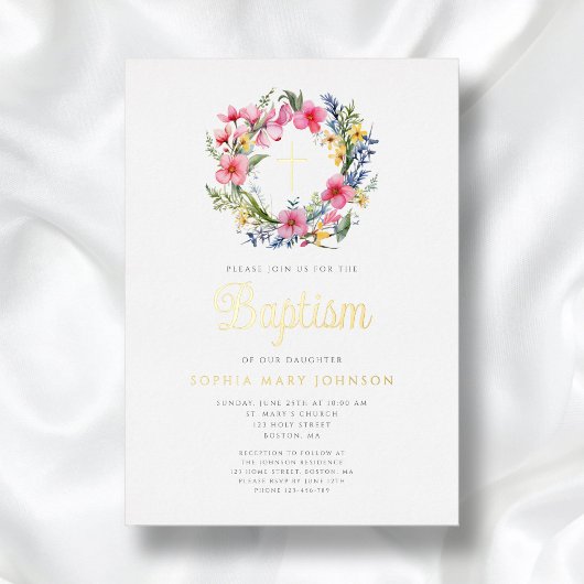 Elegante Bloemen Krans Meisje Doop Goud Folie Uitnodiging