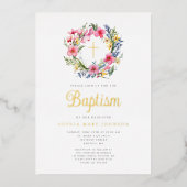 Elegante Bloemen Krans Meisje Doop Goud Folie Uitnodiging (Voorkant)