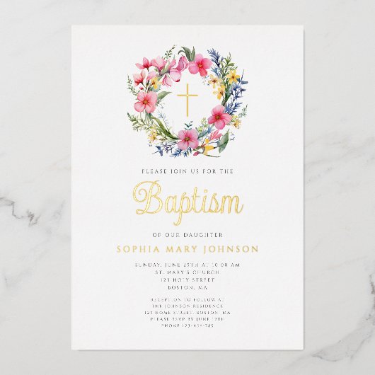 Elegante Bloemen Krans Meisje Doop Goud Folie Uitnodiging (Voorkant)