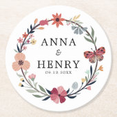 Elegante Bloemen Krans Vlinderbruiloft Ronde Kartonnen Onderzetter (Voorkant)