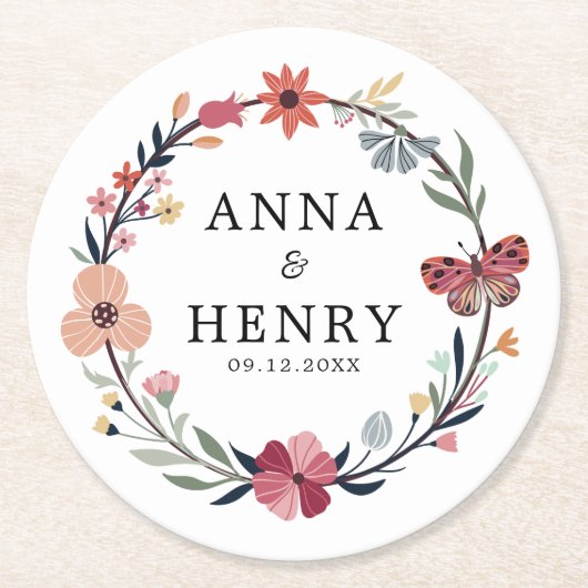 Elegante Bloemen Krans Vlinderbruiloft Ronde Kartonnen Onderzetter (Voorkant)