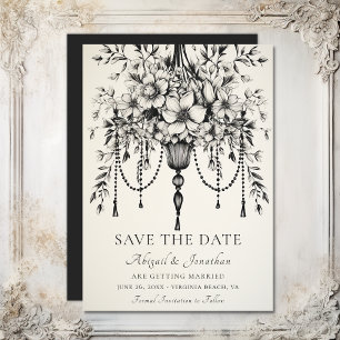 Elegante Bloemen Kroonluchter Zwart-wit Bruiloft Save The Date