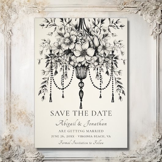 Elegante Bloemen Kroonluchter Zwart-wit Bruiloft Save The Date