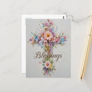 Elegante Bloemen Kruis Paaszegeningen Briefkaart