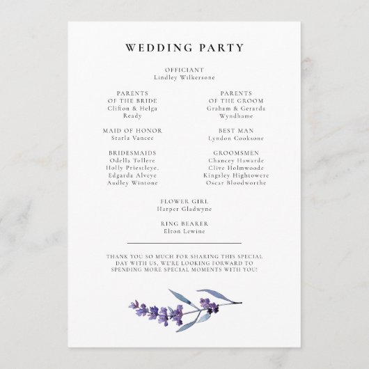 Elegante Bloemen Lavendel Huwelijk dubbelzijdig Programmakaart (Achterkant)