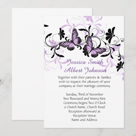 Elegante Bloemen Lavendel Vlinder Bruiloft Uitnodi Kaart (Voorkant / Achterkant)