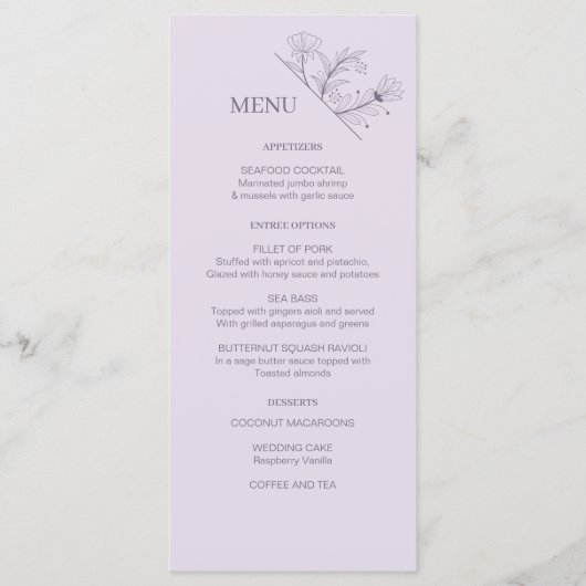 Elegante Bloemen Lavendel Wedding Menu (Voorkant)