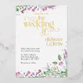 Elegante bloemen lente zomer bruiloft 1B goud Folie Uitnodiging (Voorkant)