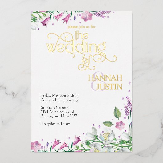 Elegante bloemen lente zomer bruiloft 1B goud Folie Uitnodiging (Voorkant)