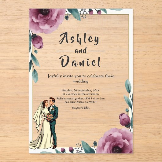 Elegante Bloemen Lijst Bruid en bruidegom Boho bru Acryl Uitnodigingen (Voorkant)