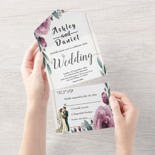 Elegante Bloemen Lijst Bruid en bruidegom Boho bru All In One Uitnodiging (Afscheurbaar)