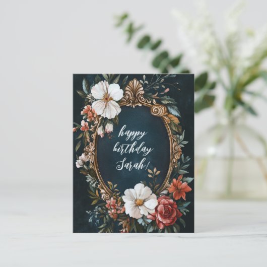 Elegante Bloemen Lijst  CUSTOM VERJAARDAG NAAM Briefkaart (Staand voorkant)