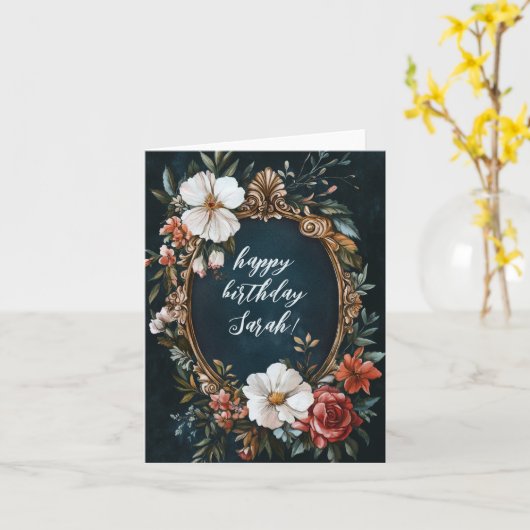 Elegante Bloemen Lijst  CUSTOM VERJAARDAG NAAM Kaart (Gele Bloem)