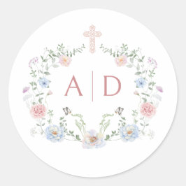 Elegante Bloemen Lijst Religieuze bruiloft monogra Ronde Sticker