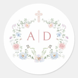 Elegante Bloemen Lijst Religieuze bruiloft monogra Ronde Sticker