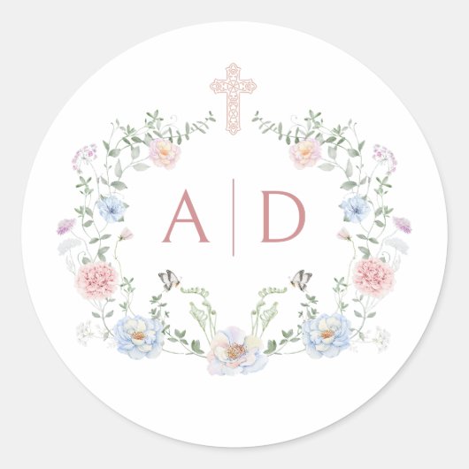 Elegante Bloemen Lijst Religieuze bruiloft monogra Ronde Sticker (Voorkant)