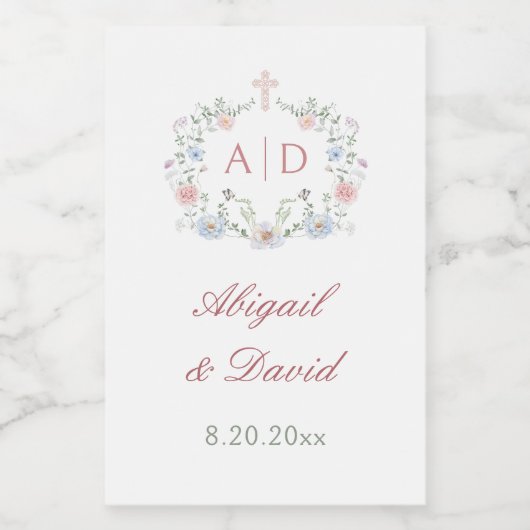 Elegante Bloemen Lijst Religieuze bruiloft monogra Wijn Etiket (Enkel label)