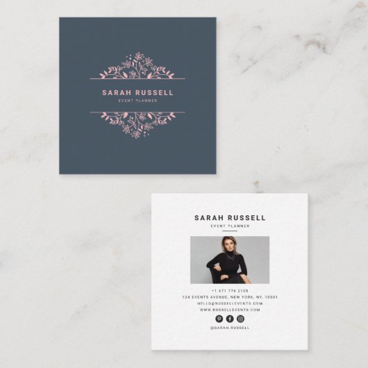 Elegante bloemen lijst roze marineblauwe evenement vierkante visitekaartje (Voorkant / Achterkant)