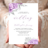 Elegante Bloemen Lila Zilveren Script Wedding Kaart