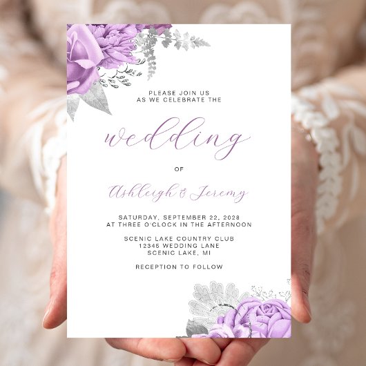 Elegante Bloemen Lila Zilveren Script Wedding Kaart