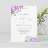 Elegante Bloemen Lila Zilveren Script Wedding Kaart (Staand voorkant)