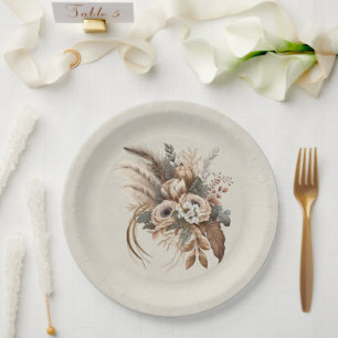 Elegante Bloemen Loof en Veren Papieren Bordje