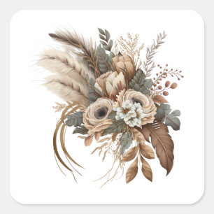 Elegante Bloemen Loof en Veren Vierkante Sticker
