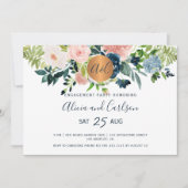 Elegante bloemen marine blauw monogram verlovingsf kaart (Voorkant)