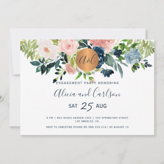Elegante bloemen marine blauw monogram verlovingsf kaart (Voorkant)