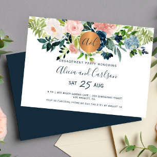 Elegante bloemen marine blauw monogram verlovingsf kaart