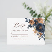 Elegante Bloemen Marine Blauw Terracotta Tuin Huwe RSVP Kaartje (Staand voorkant)