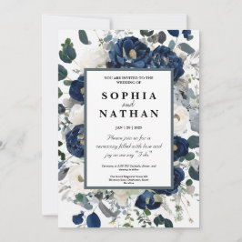 Elegante Bloemen Marine & Witte Huwelijk Kaart