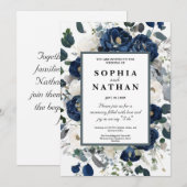 Elegante Bloemen Marine & Witte Huwelijk Kaart (Voorkant / Achterkant)