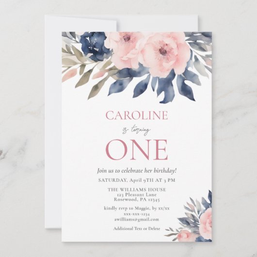 Elegante Bloemen Meisje 1e verjaardag Uitnodiging (Voorkant)