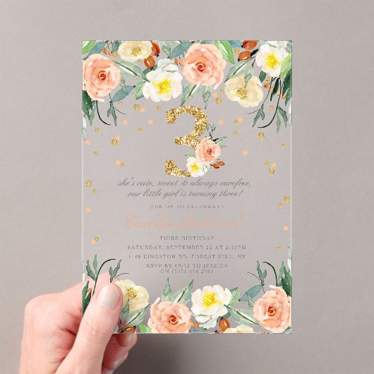 Elegante Bloemen Meisjes 3e verjaardag Acryl Uitnodigingen (Insitu (Draagbaar))