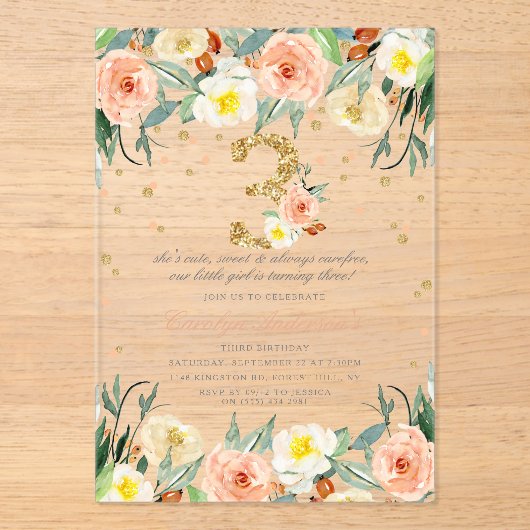 Elegante Bloemen Meisjes 3e verjaardag Acryl Uitnodigingen (Voorkant)