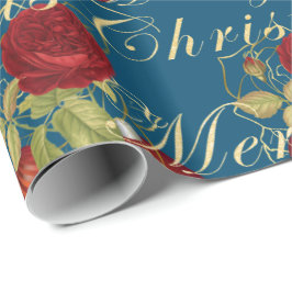Elegante bloemen Merry Kerstgoud glitter blue Cadeaupapier