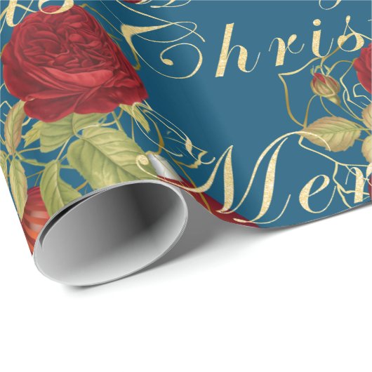 Elegante bloemen Merry Kerstgoud glitter blue Cadeaupapier (Rol Hoek)