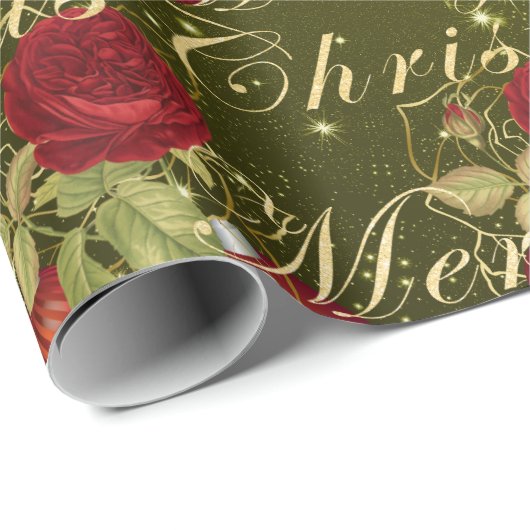 Elegante bloemen Merry Kerstgoud glitter moss Cadeaupapier (Rol Hoek)