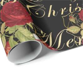 Elegante bloemen Merry Kerstgoud glitter zwart Cadeaupapier
