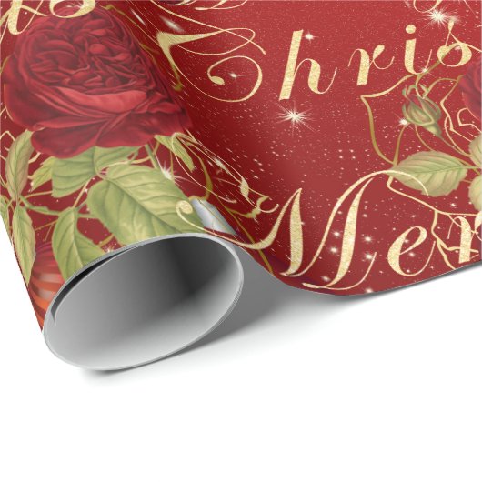 Elegante bloemen Merry Kerstgoud rood Cadeaupapier (Rol Hoek)